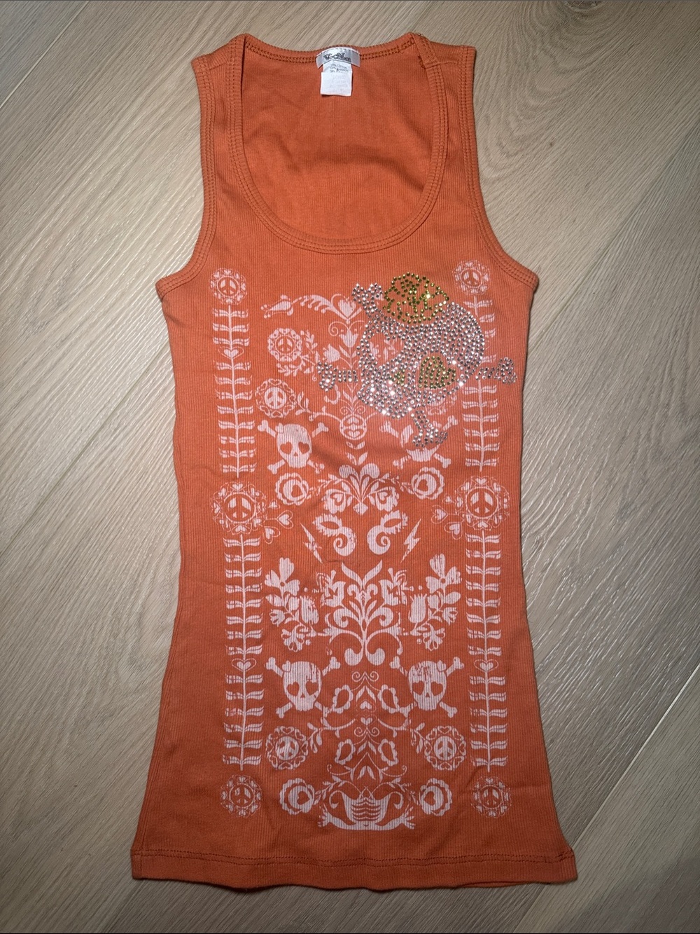 Women's Orange Rhinestone Skull Graphic Tank Top